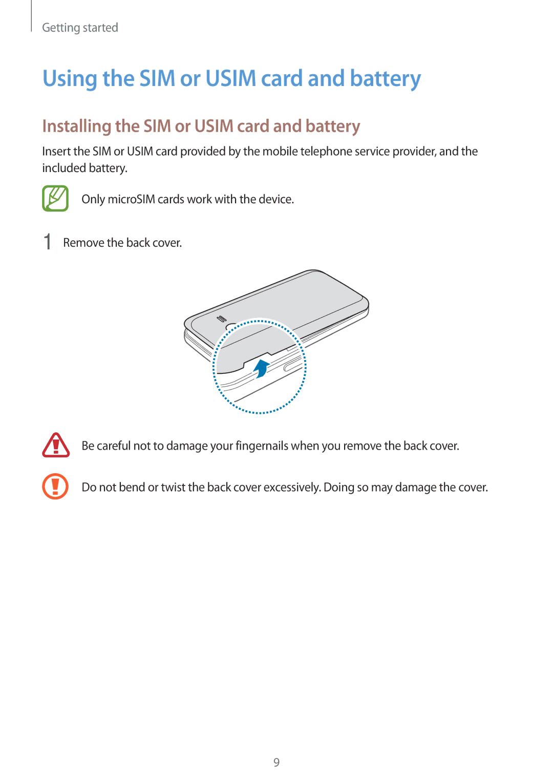 Samsung SM-G313HRWHKSA, SM-G313HHAHEGY Using the SIM or Usim card and battery, Installing the SIM or Usim card and battery 