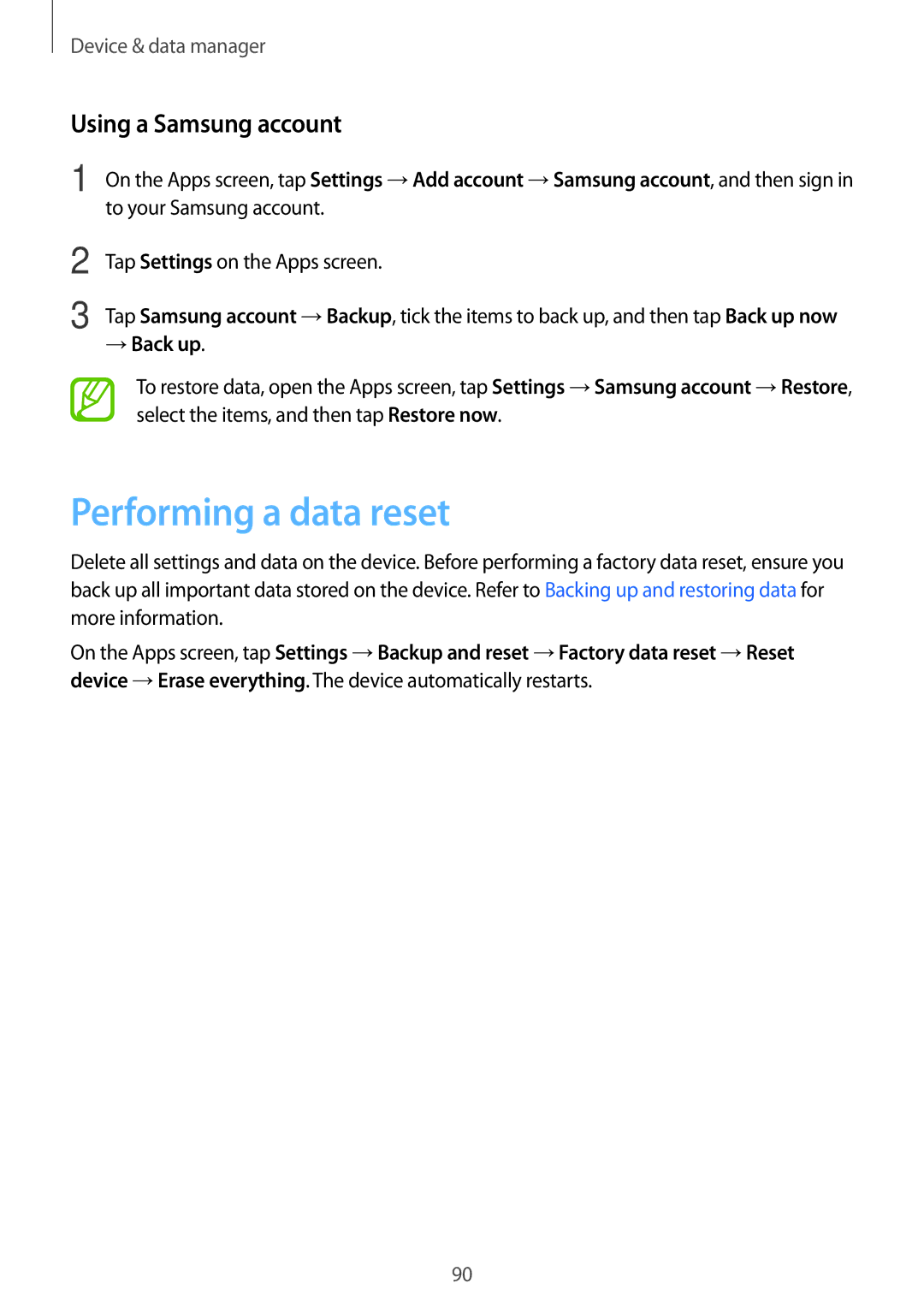 Samsung SM-G313HHAHAFR, SM-G313HHAHEGY, SM-G313HRWBTUN manual Performing a data reset, Using a Samsung account, → Back up 