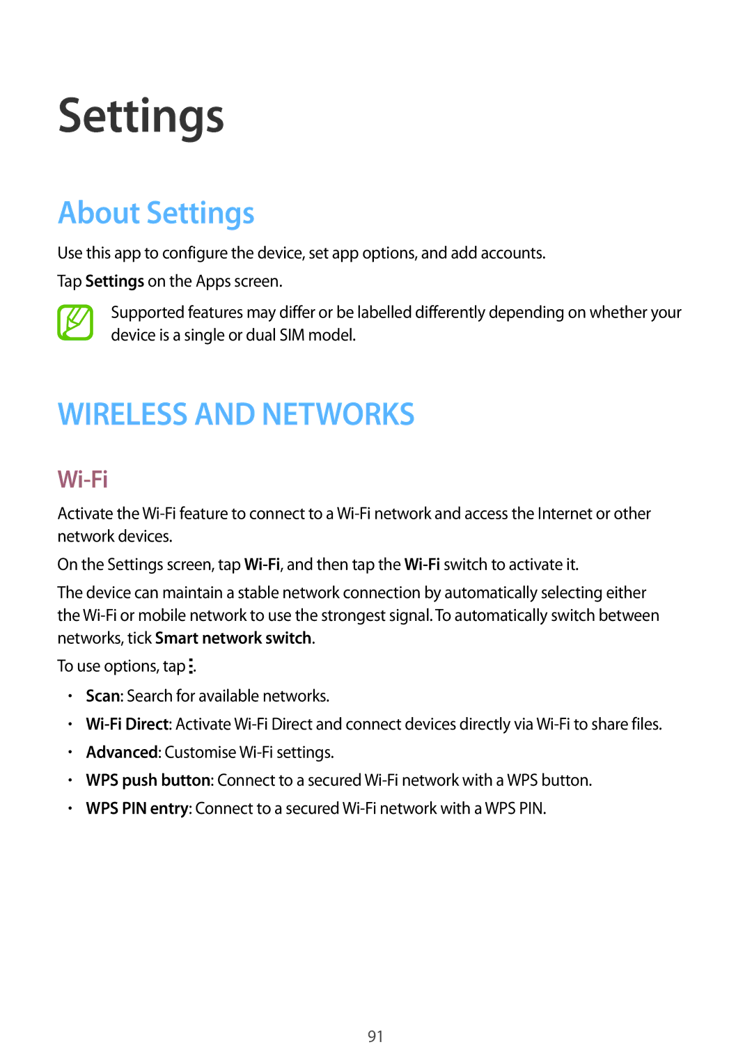 Samsung SM-G313HHAHTUN, SM-G313HHAHEGY, SM-G313HRWBTUN, SM-G313HRWHBTC, SM-G313HRWHCAC manual About Settings, Wi-Fi 