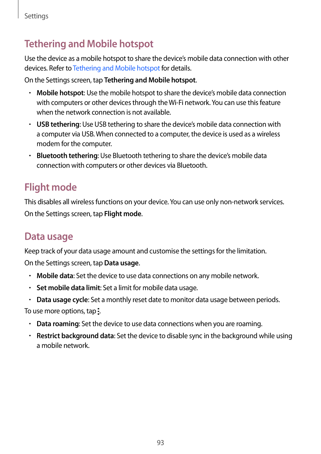 Samsung SM-G313HHAHTHR, SM-G313HHAHEGY, SM-G313HRWBTUN, SM-G313HRWHBTC Tethering and Mobile hotspot, Flight mode, Data usage 