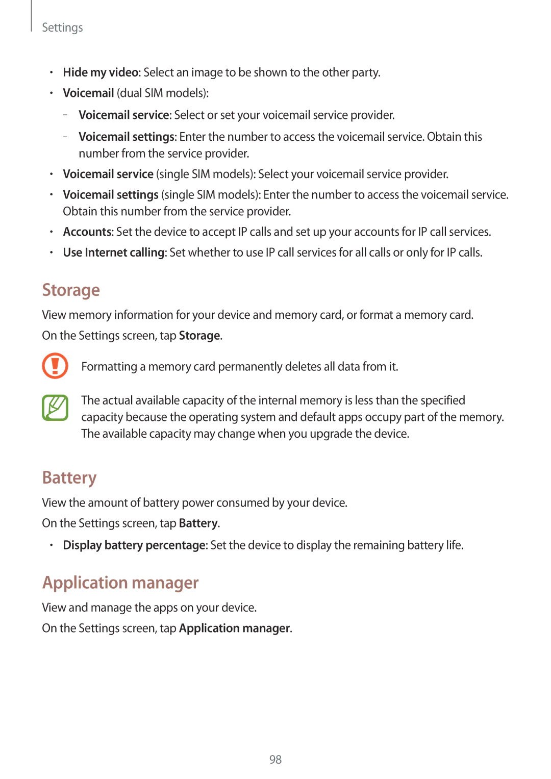 Samsung SM-G313HRWHSEE, SM-G313HHAHEGY, SM-G313HRWBTUN, SM-G313HRWHBTC, SM-G313HRWHCAC Storage, Battery, Application manager 