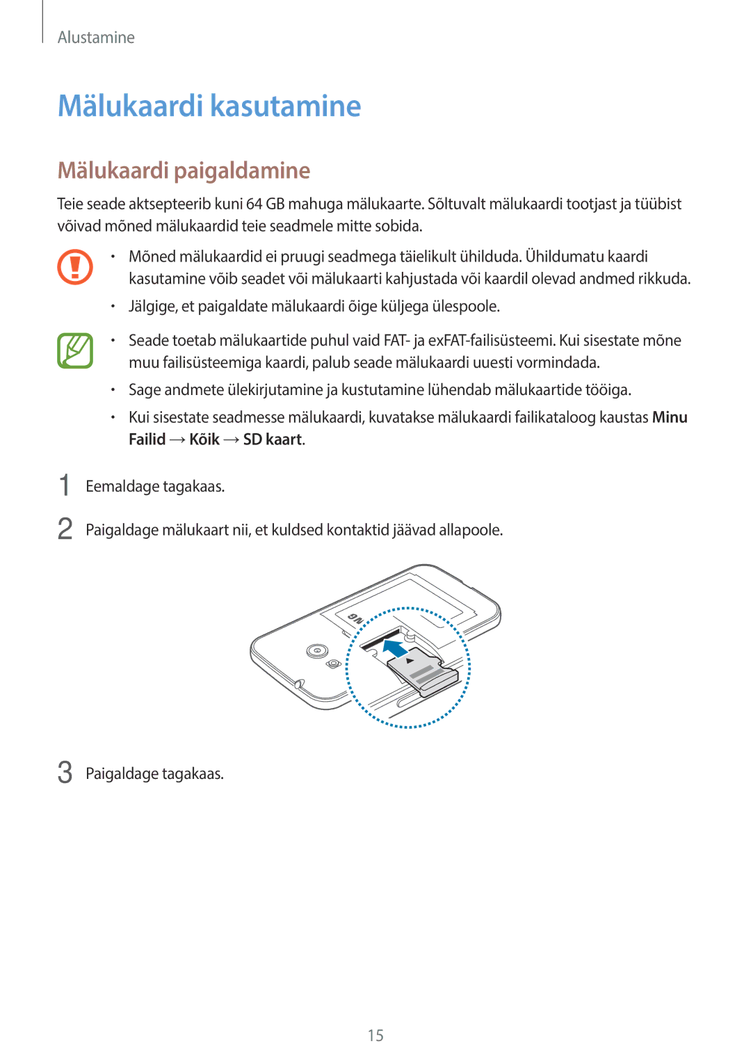 Samsung SM-G313HRWHSEB, SM-G313HHAHSEB manual Mälukaardi kasutamine, Mälukaardi paigaldamine 