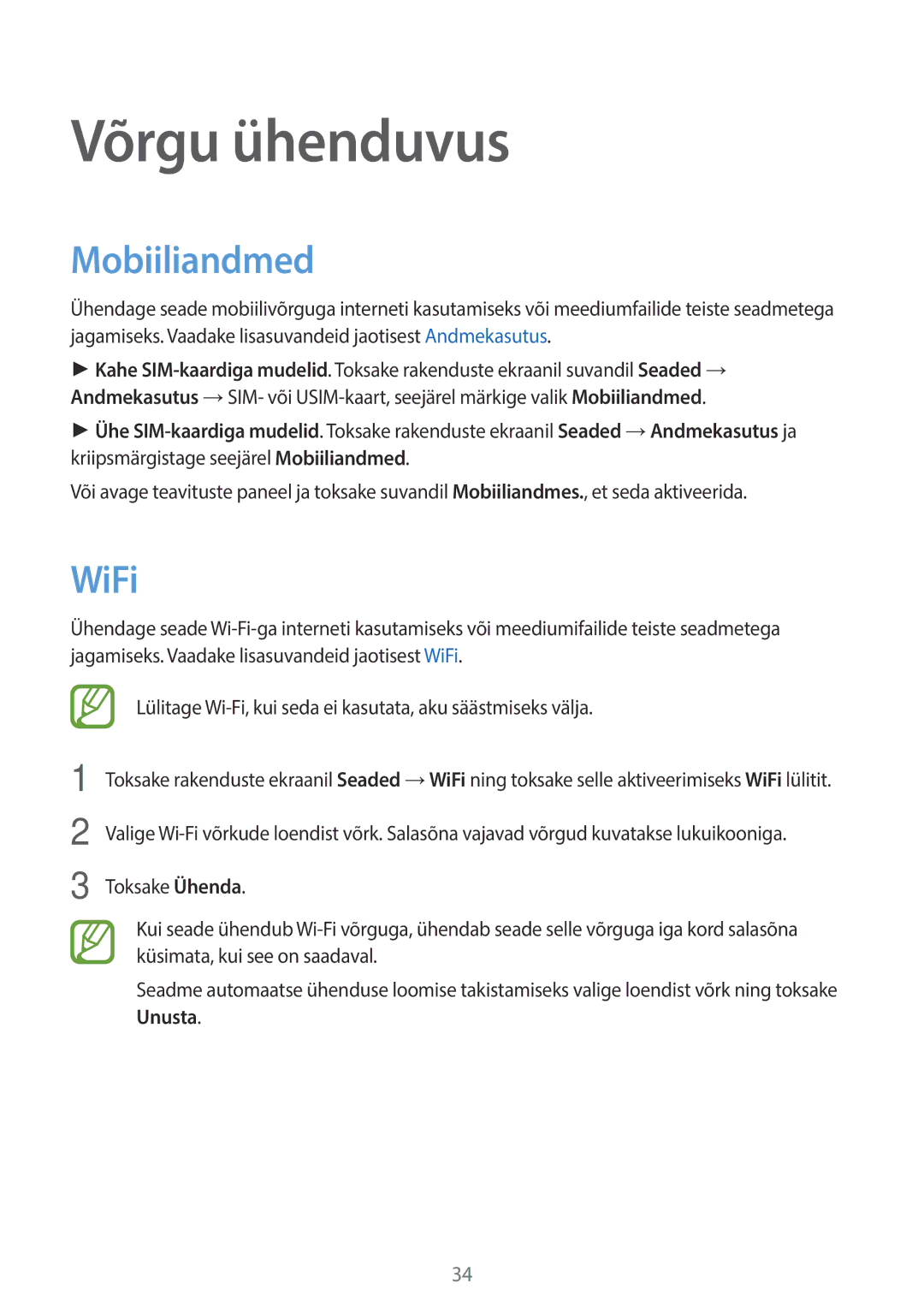 Samsung SM-G313HHAHSEB, SM-G313HRWHSEB manual Võrgu ühenduvus, Mobiiliandmed, WiFi 