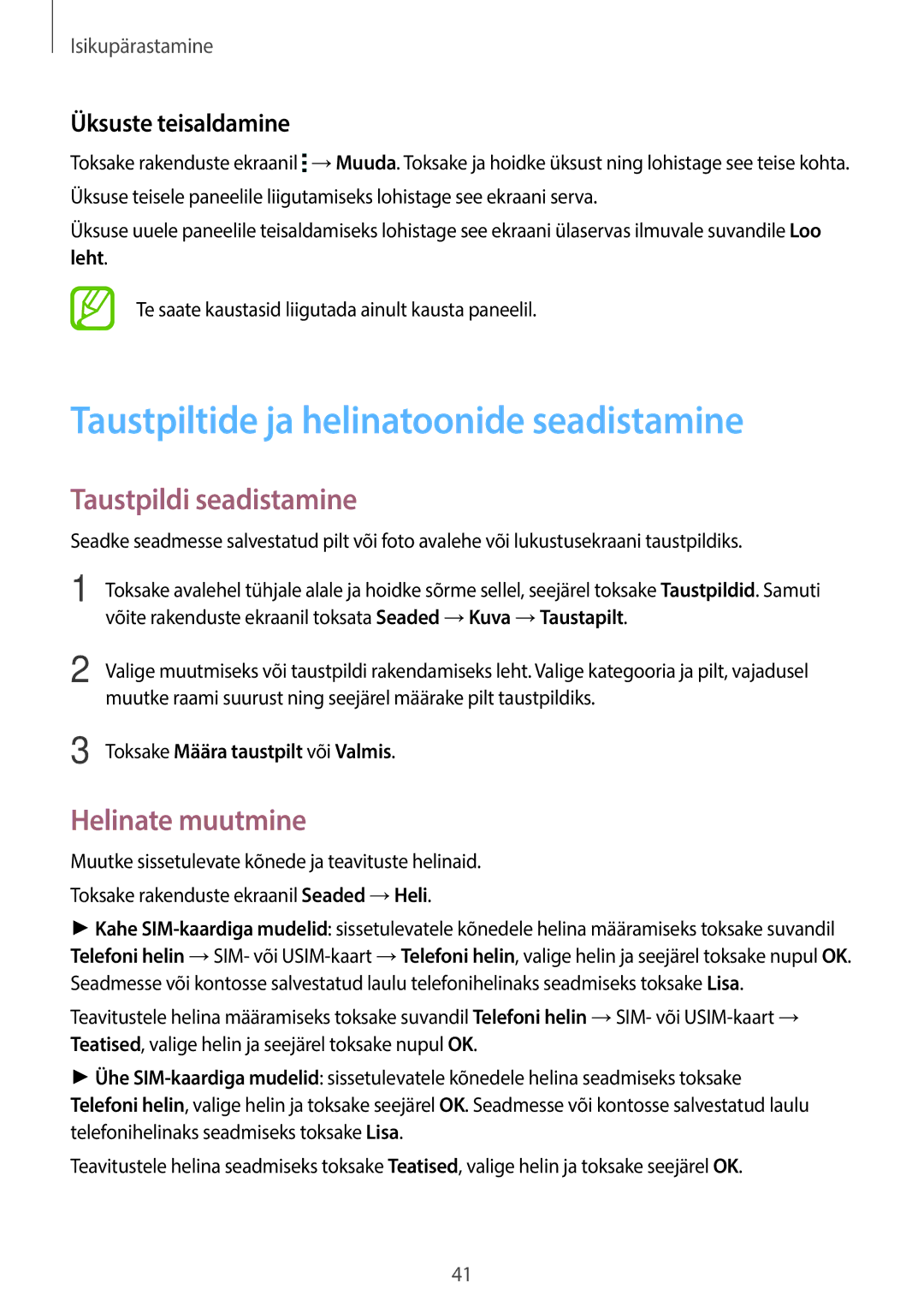 Samsung SM-G313HRWHSEB manual Taustpiltide ja helinatoonide seadistamine, Taustpildi seadistamine, Helinate muutmine 