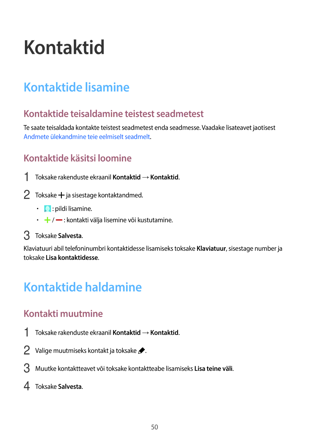 Samsung SM-G313HHAHSEB, SM-G313HRWHSEB manual Kontaktide lisamine, Kontaktide haldamine 