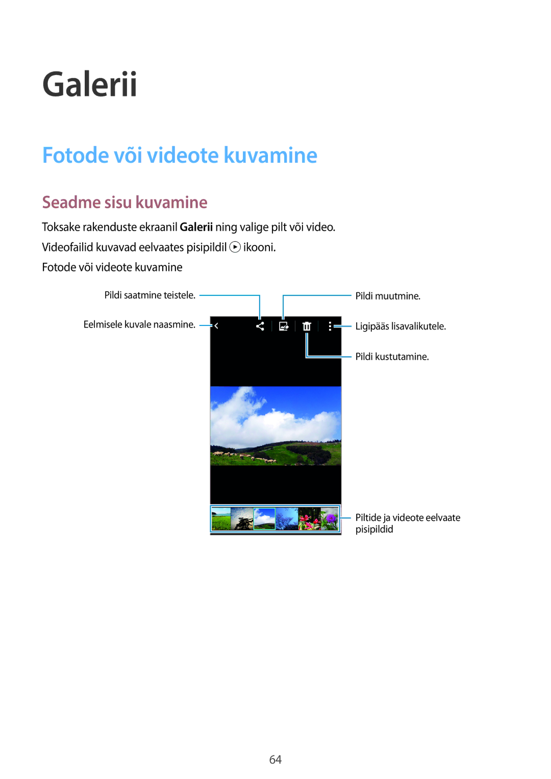 Samsung SM-G313HHAHSEB, SM-G313HRWHSEB manual Galerii, Fotode või videote kuvamine, Seadme sisu kuvamine 