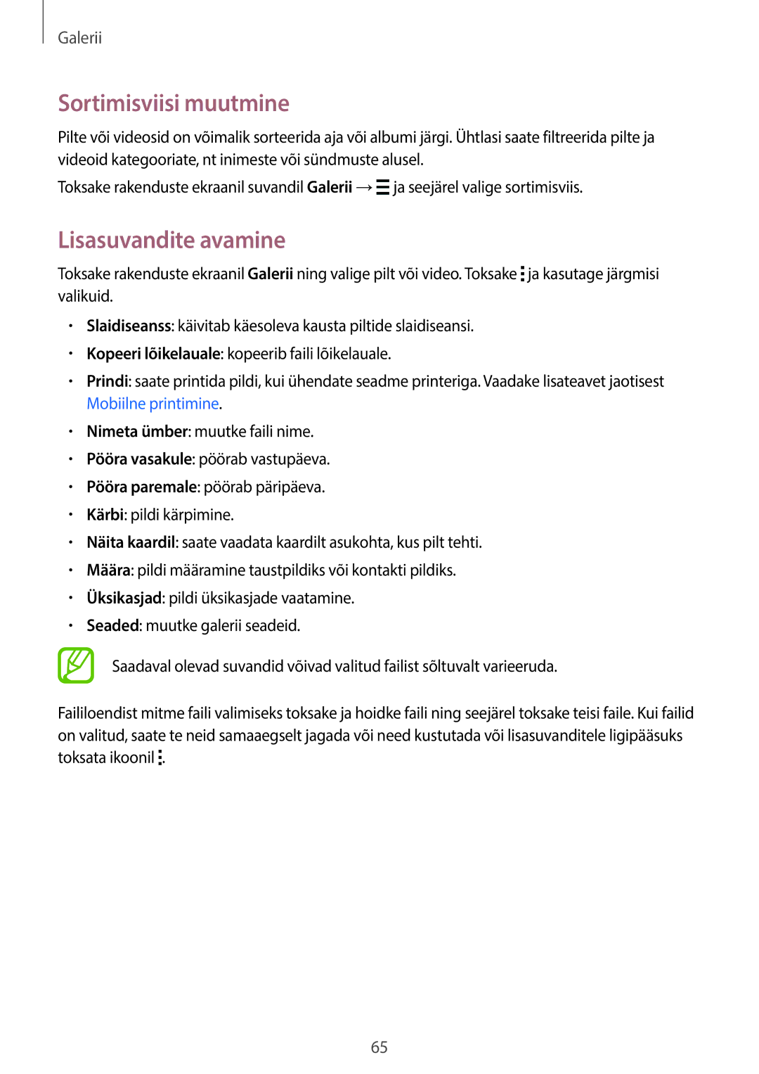 Samsung SM-G313HRWHSEB, SM-G313HHAHSEB manual Sortimisviisi muutmine, Lisasuvandite avamine 