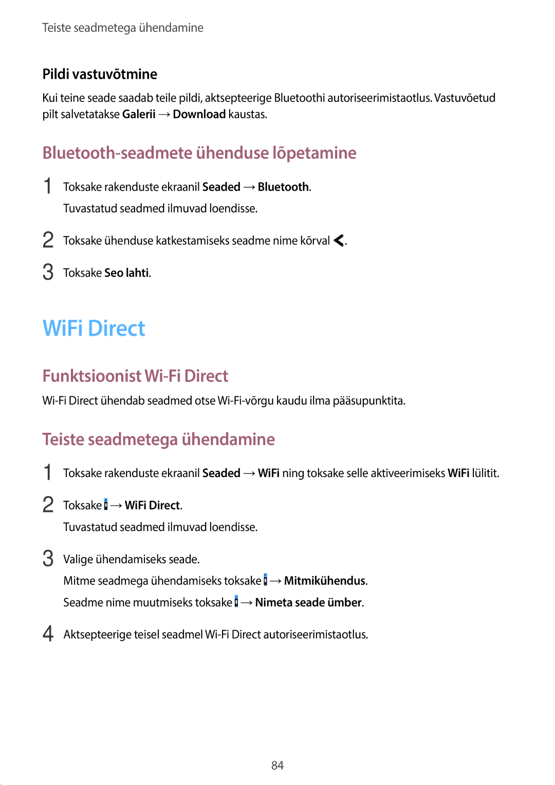 Samsung SM-G313HHAHSEB WiFi Direct, Bluetooth-seadmete ühenduse lõpetamine, Funktsioonist Wi-Fi Direct, Pildi vastuvõtmine 