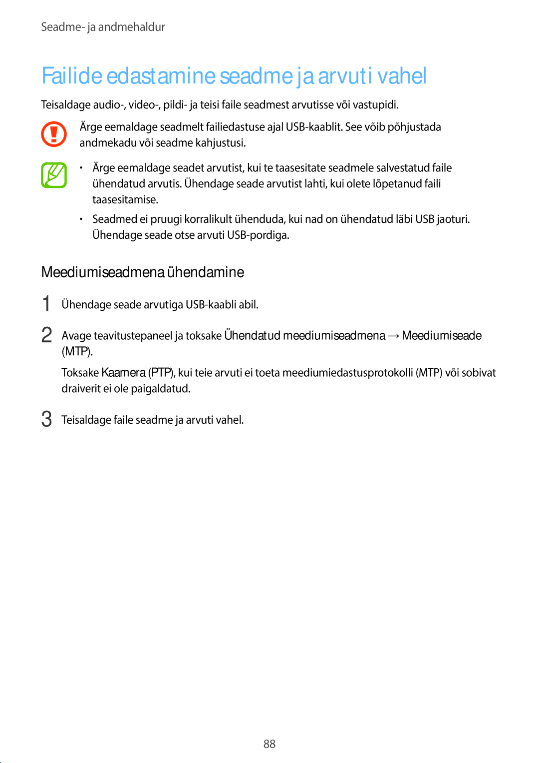 Samsung SM-G313HHAHSEB, SM-G313HRWHSEB manual Failide edastamine seadme ja arvuti vahel, Meediumiseadmena ühendamine 