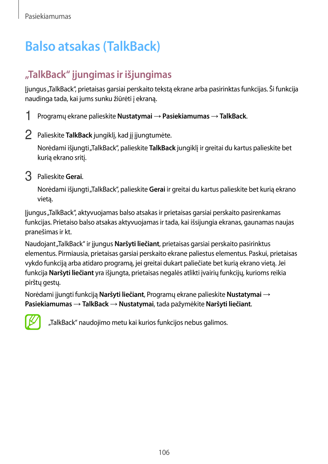 Samsung SM-G313HHAHSEB, SM-G313HRWHSEB manual Balso atsakas TalkBack, „TalkBack įjungimas ir išjungimas 