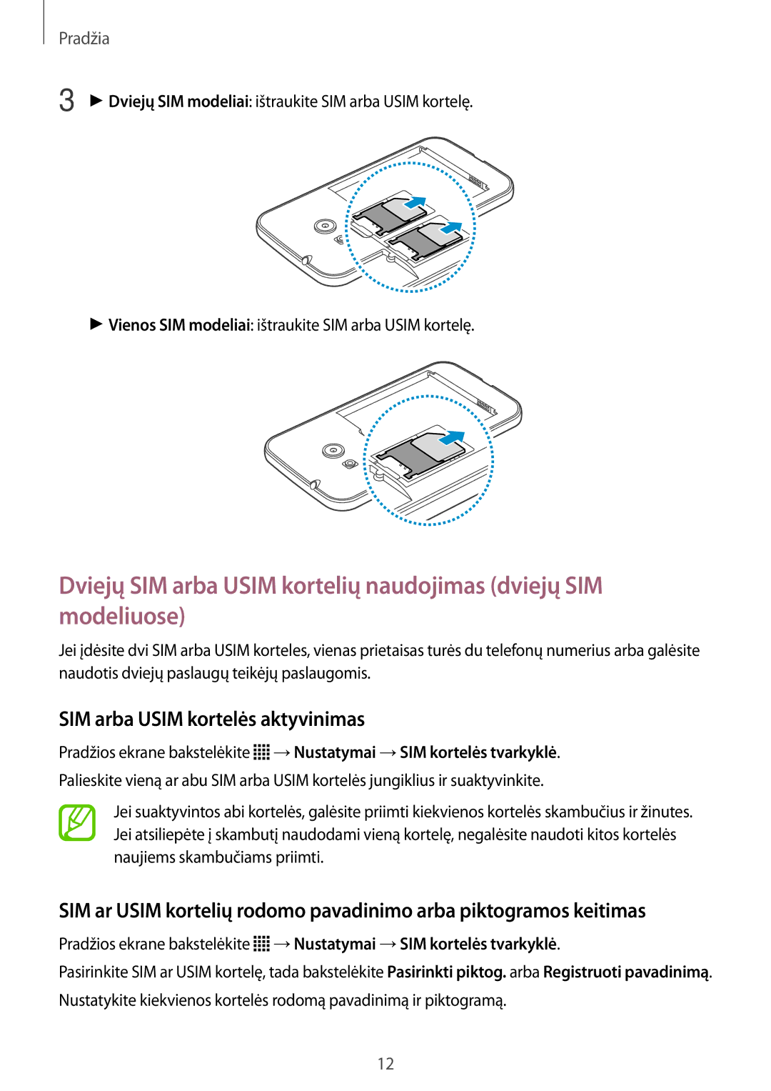 Samsung SM-G313HHAHSEB, SM-G313HRWHSEB manual SIM arba Usim kortelės aktyvinimas 