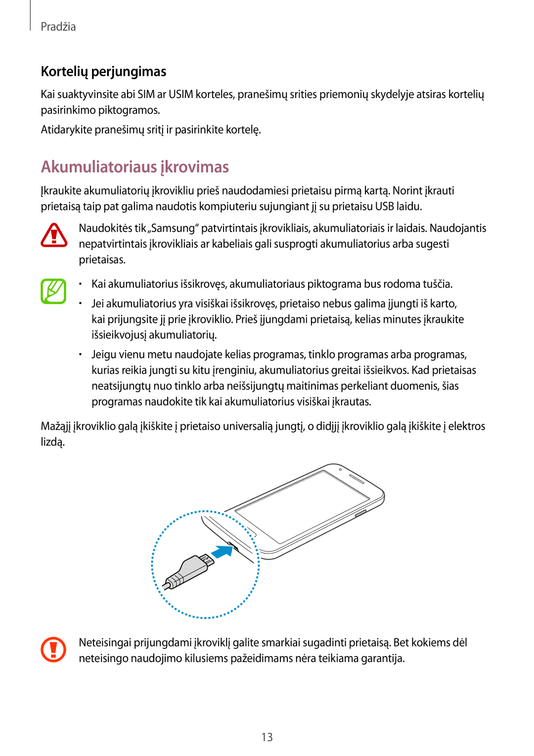 Samsung SM-G313HRWHSEB, SM-G313HHAHSEB manual Akumuliatoriaus įkrovimas, Kortelių perjungimas 