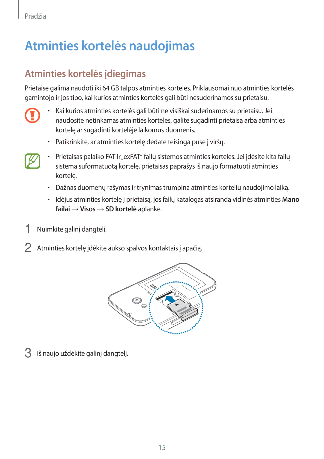 Samsung SM-G313HRWHSEB, SM-G313HHAHSEB manual Atminties kortelės naudojimas, Atminties kortelės įdiegimas 