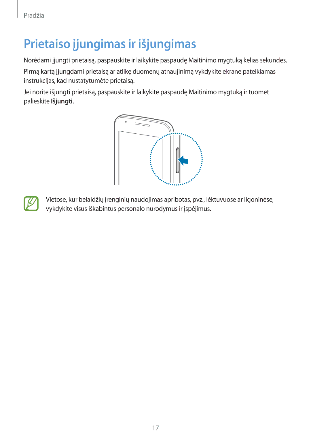 Samsung SM-G313HRWHSEB, SM-G313HHAHSEB manual Prietaiso įjungimas ir išjungimas 