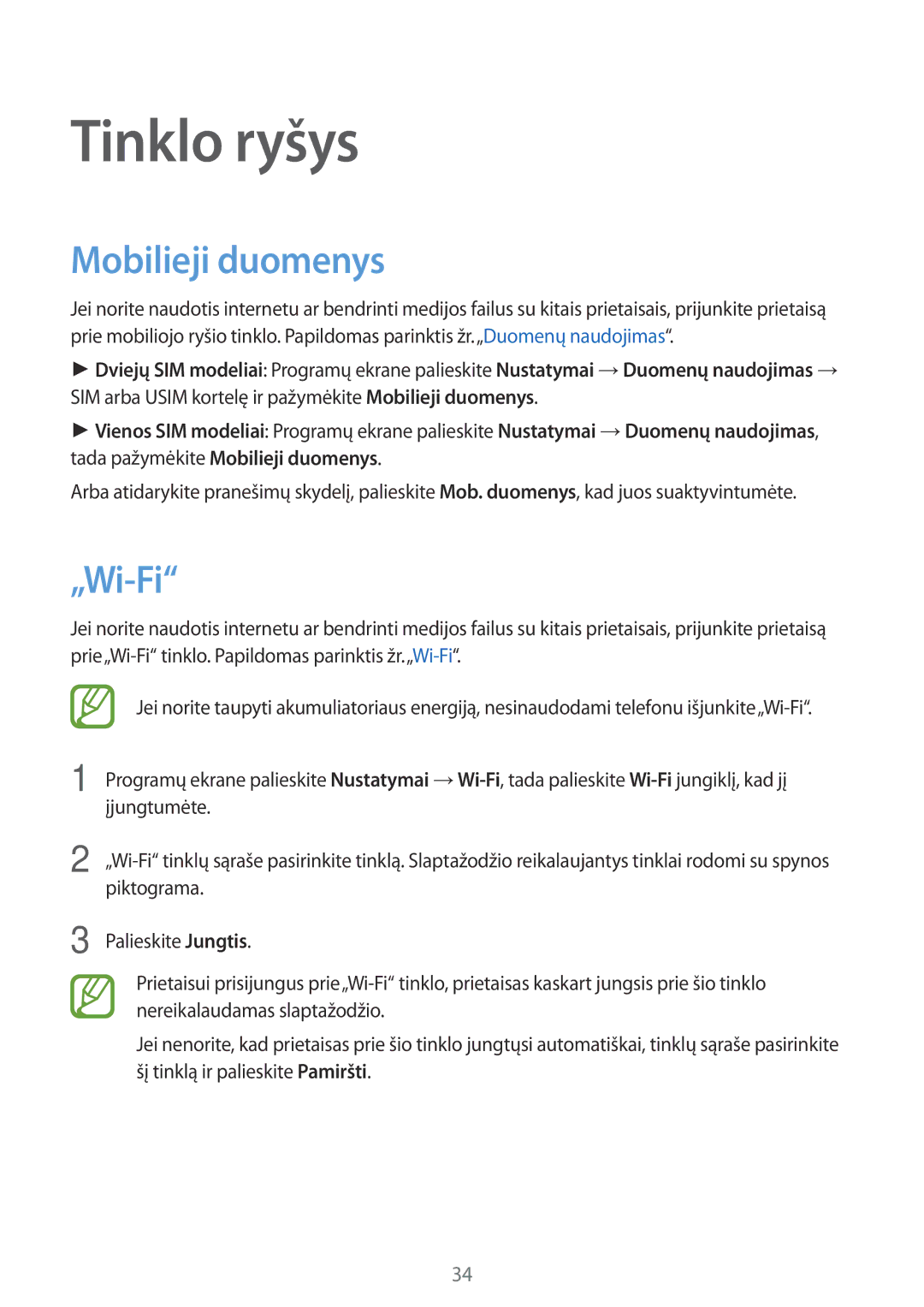 Samsung SM-G313HHAHSEB, SM-G313HRWHSEB manual Tinklo ryšys, Mobilieji duomenys, „Wi-Fi 