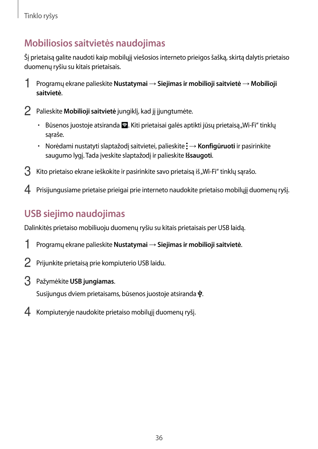 Samsung SM-G313HHAHSEB, SM-G313HRWHSEB Mobiliosios saitvietės naudojimas, USB siejimo naudojimas, Pažymėkite USB jungiamas 