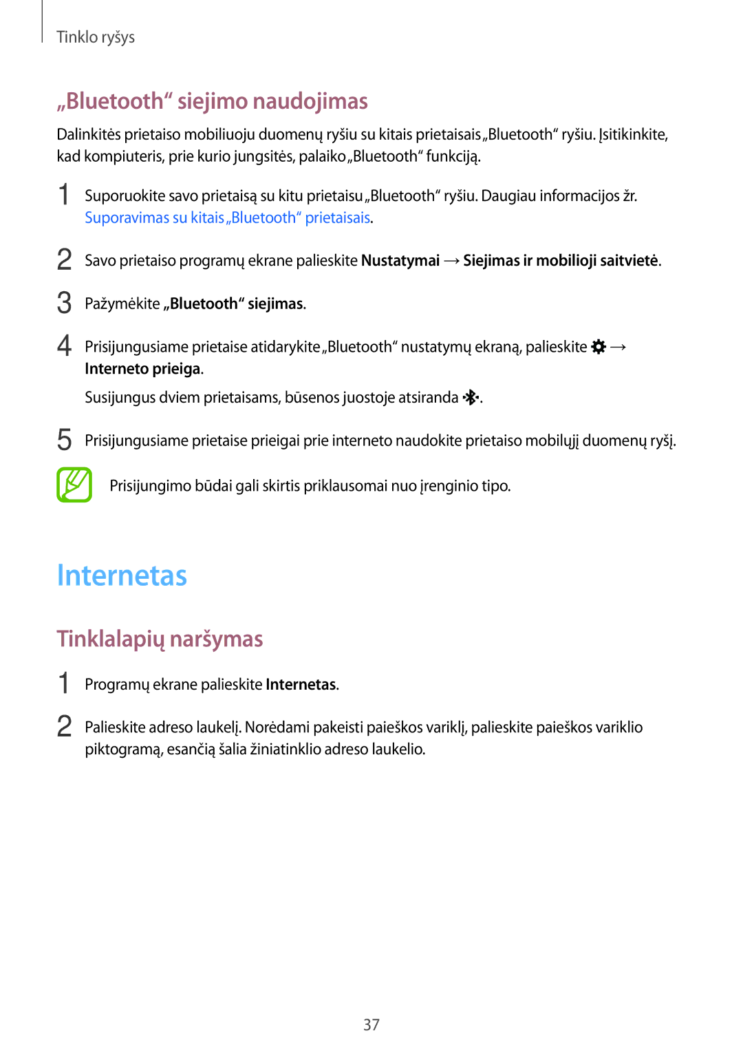 Samsung SM-G313HRWHSEB Internetas, „Bluetooth siejimo naudojimas, Tinklalapių naršymas, Pažymėkite „Bluetooth siejimas 