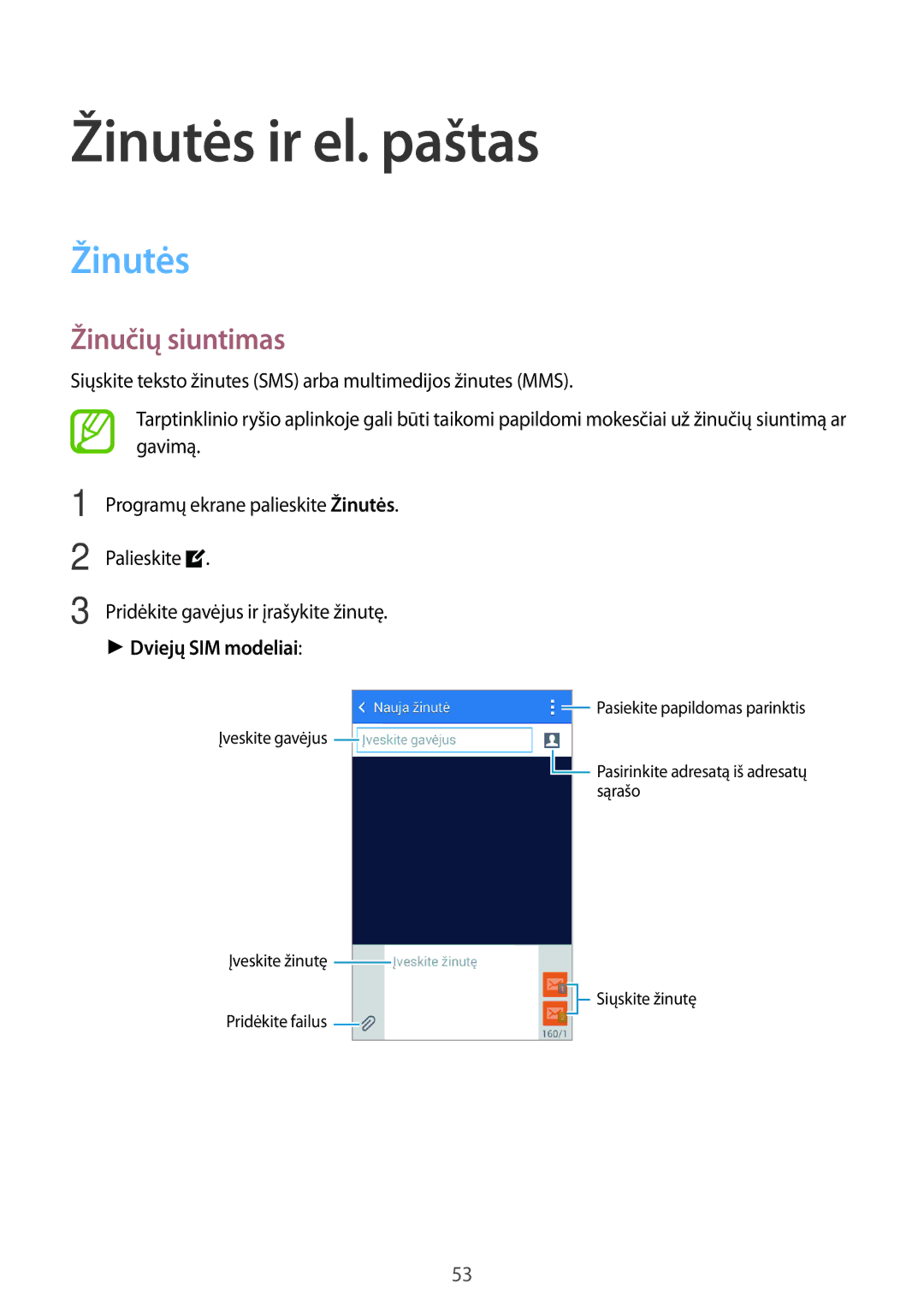 Samsung SM-G313HRWHSEB, SM-G313HHAHSEB manual Žinutės ir el. paštas, Žinučių siuntimas, Dviejų SIM modeliai 