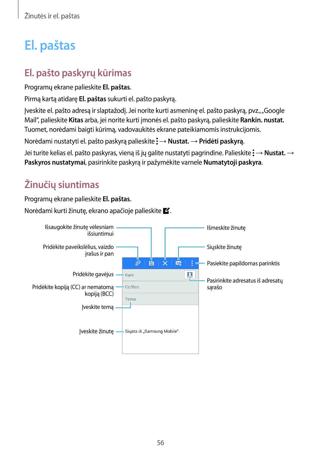 Samsung SM-G313HHAHSEB, SM-G313HRWHSEB manual El. pašto paskyrų kūrimas, Programų ekrane palieskite El. paštas 