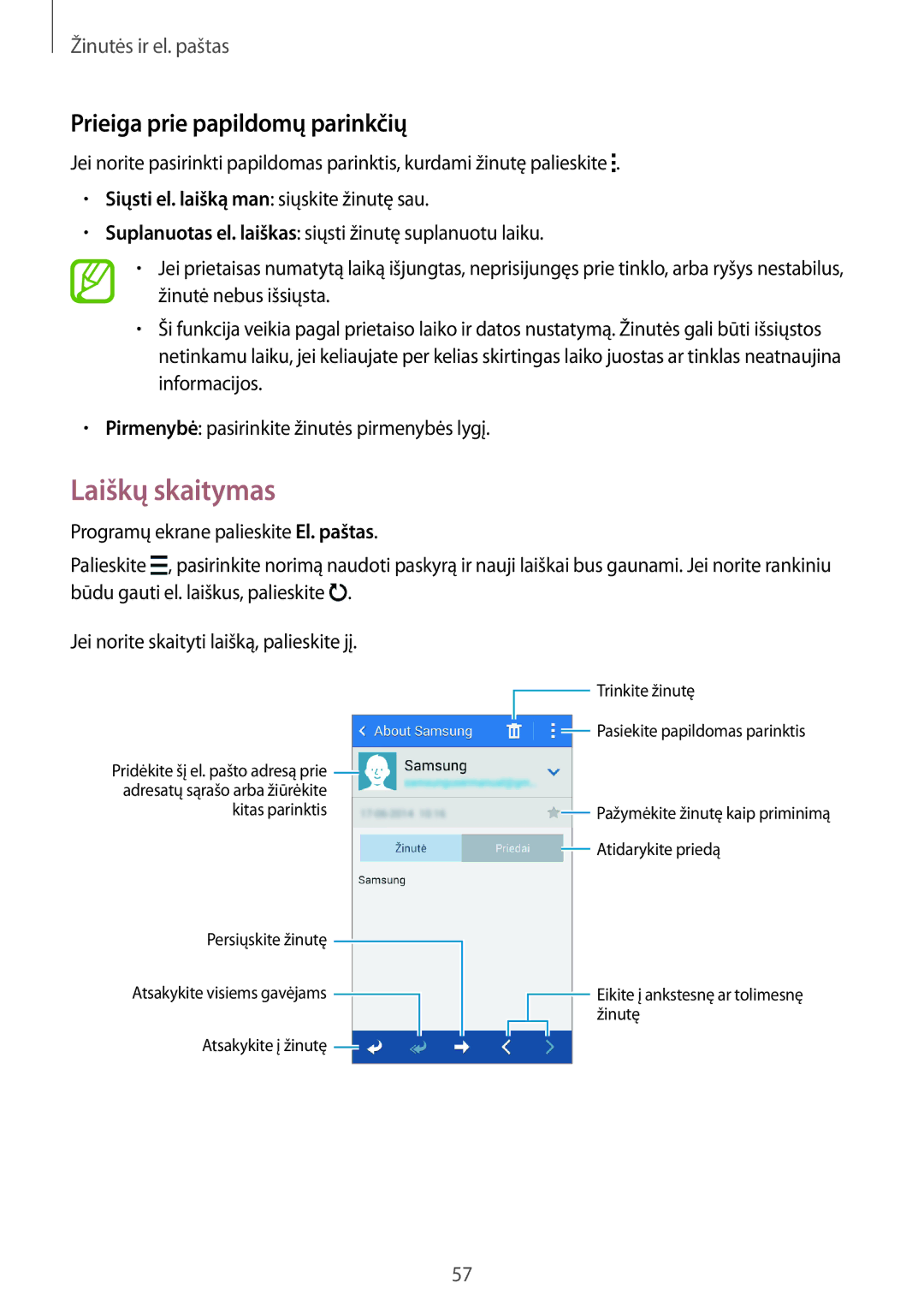 Samsung SM-G313HRWHSEB, SM-G313HHAHSEB manual Laiškų skaitymas, Prieiga prie papildomų parinkčių 