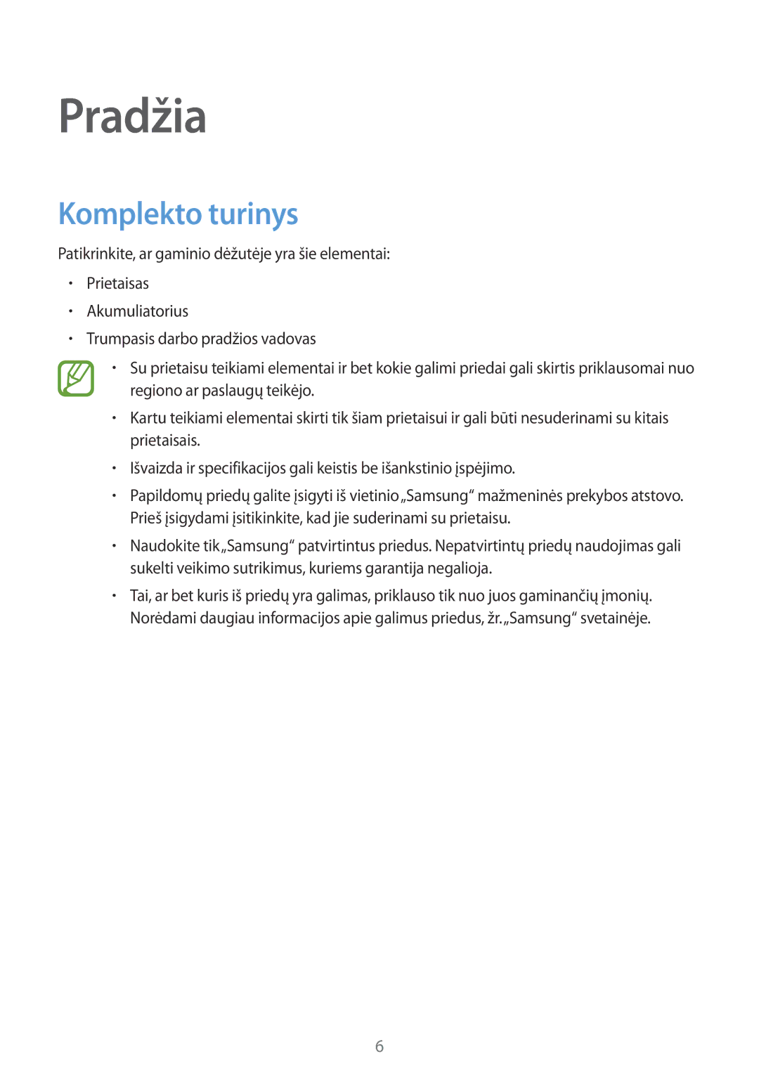 Samsung SM-G313HHAHSEB, SM-G313HRWHSEB manual Pradžia, Komplekto turinys 