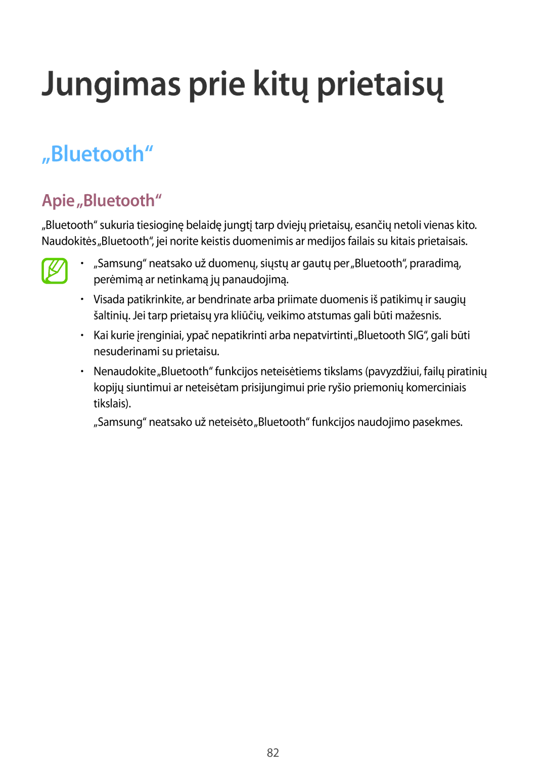 Samsung SM-G313HHAHSEB, SM-G313HRWHSEB manual Jungimas prie kitų prietaisų, Apie„Bluetooth 