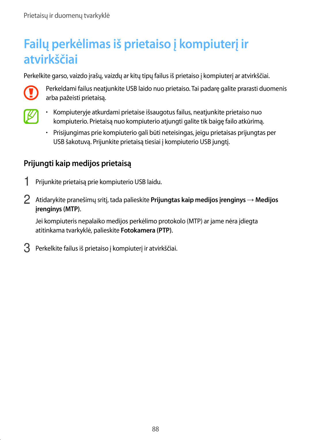 Samsung SM-G313HHAHSEB manual Failų perkėlimas iš prietaiso į kompiuterį ir atvirkščiai, Prijungti kaip medijos prietaisą 