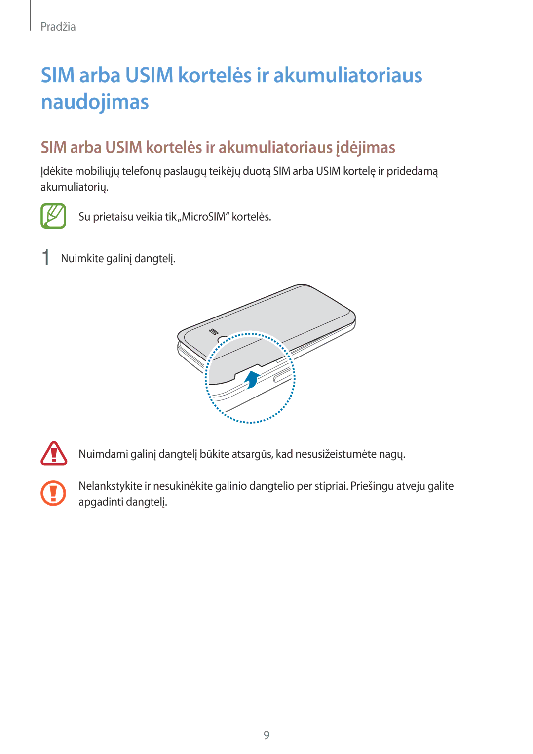 Samsung SM-G313HRWHSEB, SM-G313HHAHSEB manual SIM arba Usim kortelės ir akumuliatoriaus naudojimas 