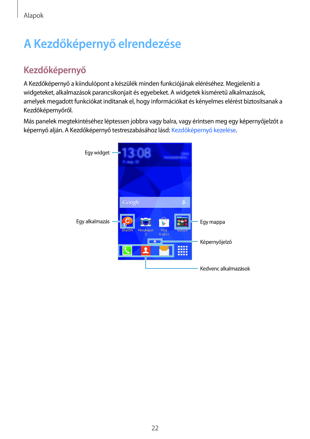 Samsung SM-G313HHAHXEH, SM-G313HRWHXEH manual Kezdőképernyő elrendezése 