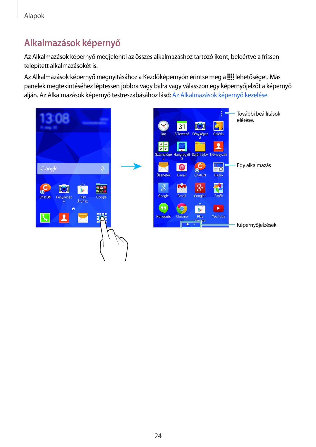 Samsung SM-G313HHAHXEH, SM-G313HRWHXEH manual Alkalmazások képernyő 