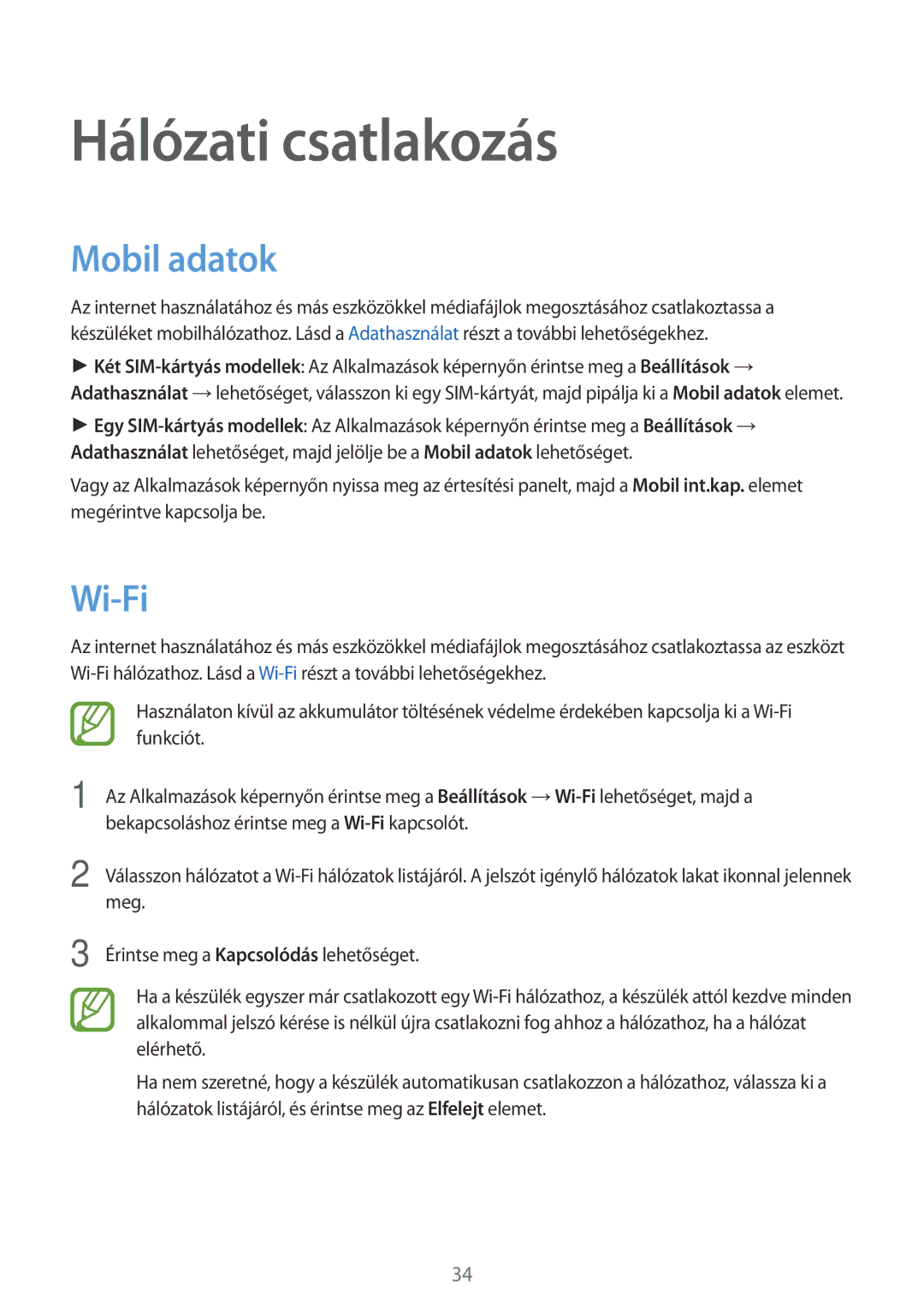 Samsung SM-G313HHAHXEH, SM-G313HRWHXEH manual Hálózati csatlakozás, Mobil adatok, Wi-Fi 