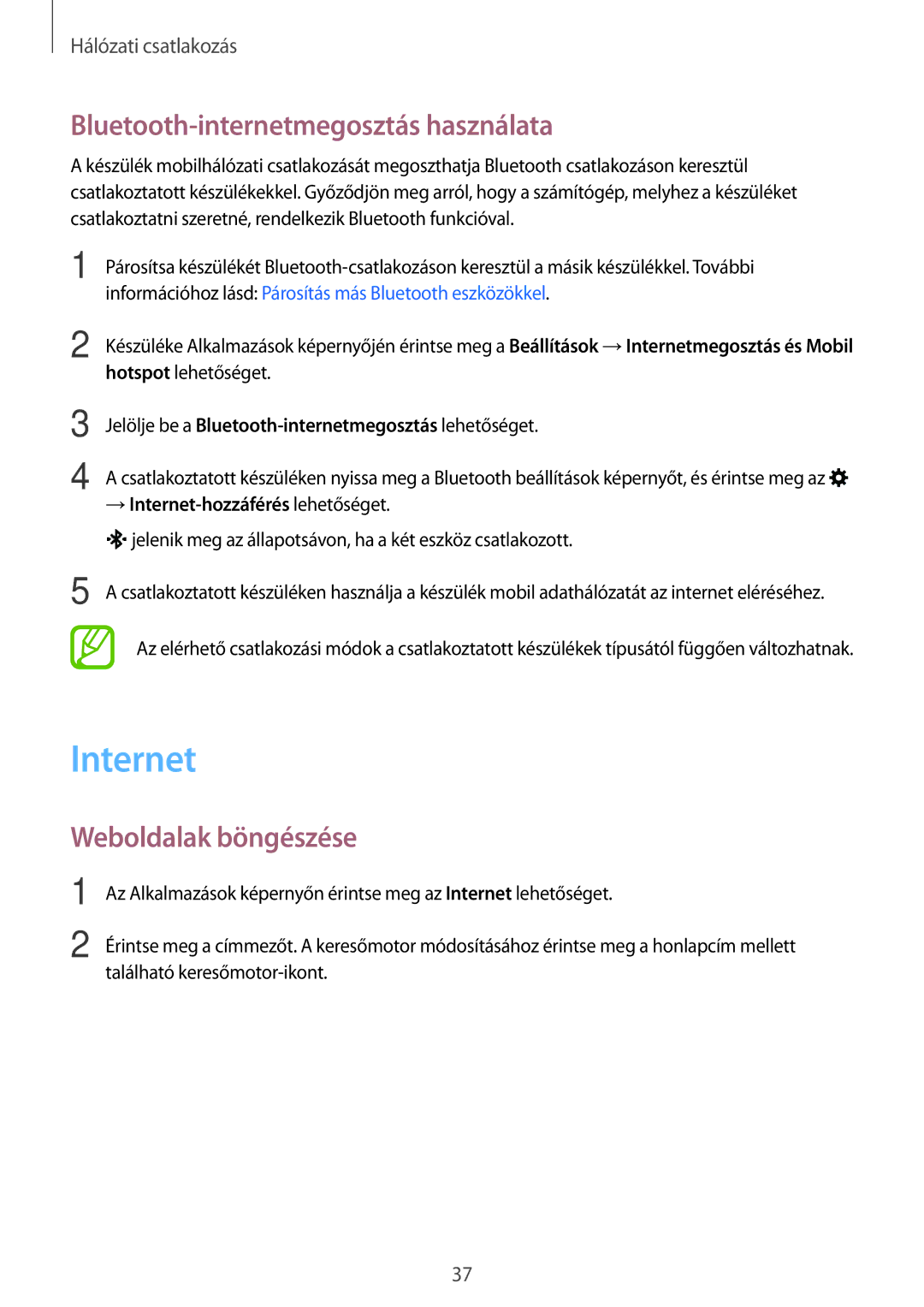 Samsung SM-G313HRWHXEH, SM-G313HHAHXEH manual Internet, Bluetooth-internetmegosztás használata, Weboldalak böngészése 