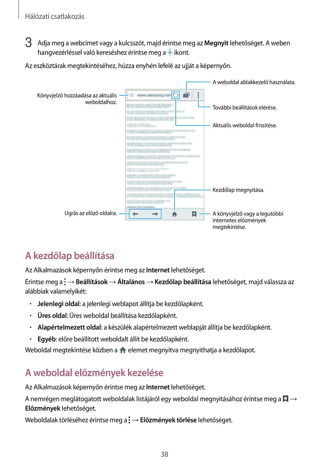 Samsung SM-G313HHAHXEH, SM-G313HRWHXEH manual Kezdőlap beállítása, Weboldal előzmények kezelése 