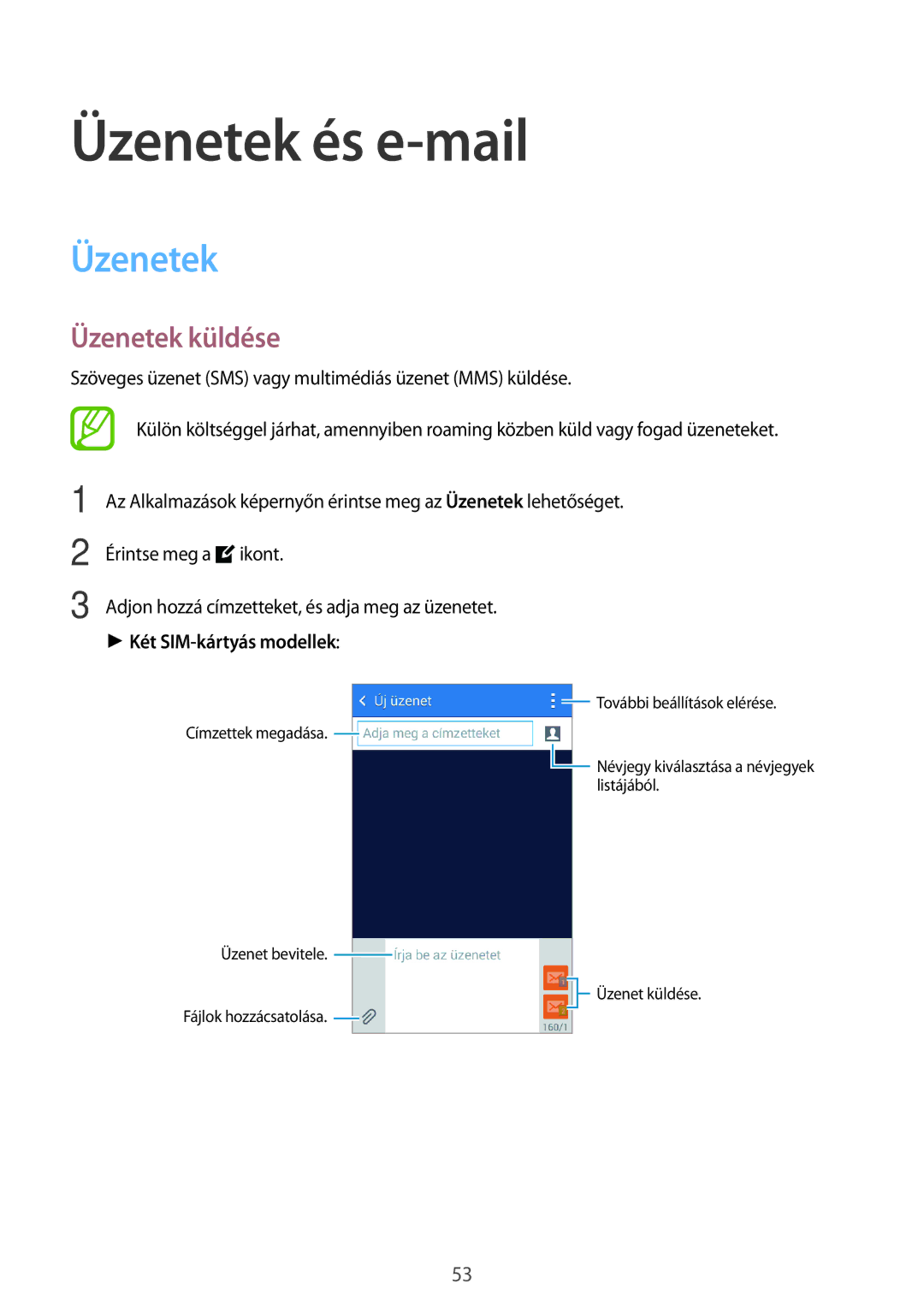 Samsung SM-G313HRWHXEH, SM-G313HHAHXEH manual Üzenetek és e-mail, Üzenetek küldése 