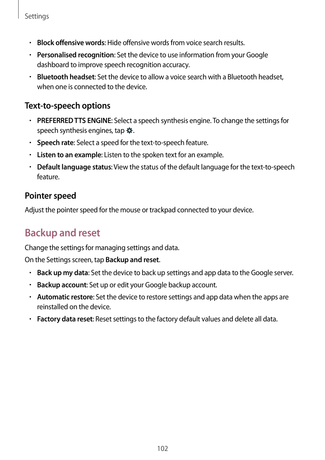 Samsung SM-G313HRWNDBT, SM-G313HRWNSEB, SM-G313HHANDBT manual Backup and reset, Text-to-speech options, Pointer speed 