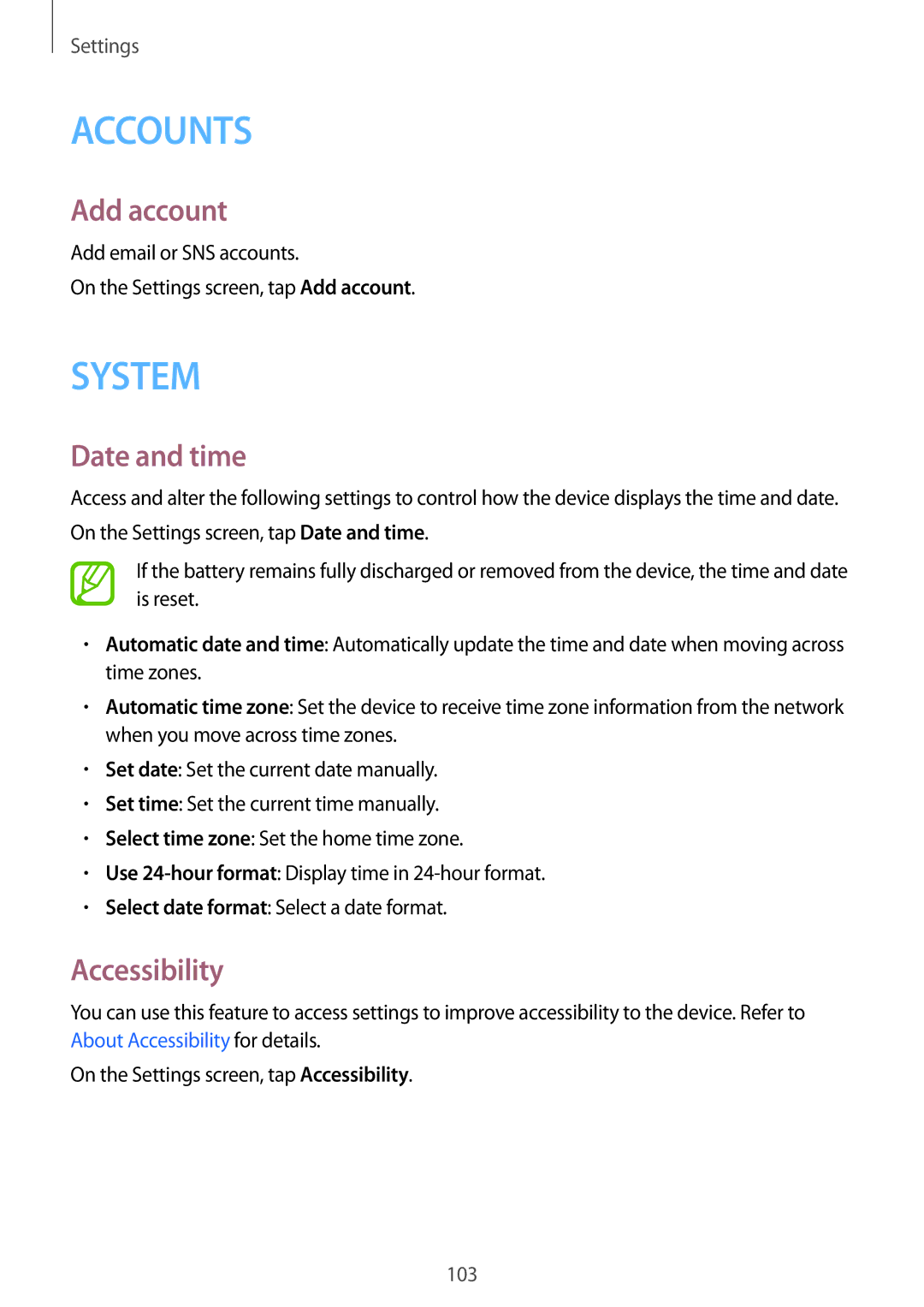 Samsung SM-G313HRWNSEB, SM-G313HRWNDBT, SM-G313HHANDBT, SM-G313HHANSEB manual Add account, Date and time, Accessibility 