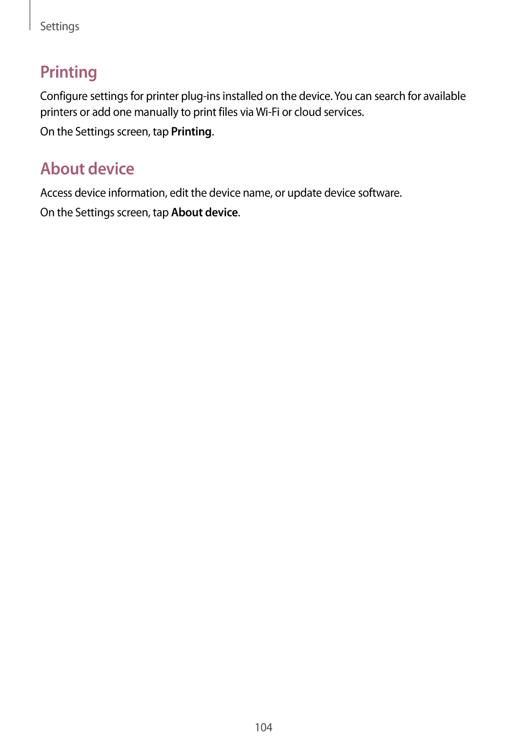 Samsung SM-G313HHANDBT, SM-G313HRWNDBT, SM-G313HRWNSEB manual About device, On the Settings screen, tap Printing 