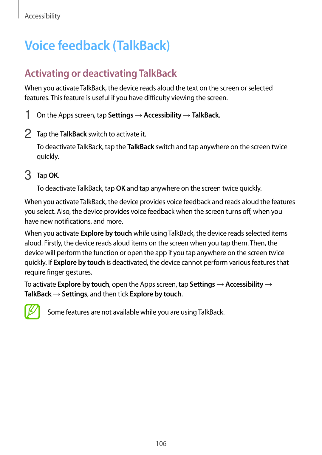 Samsung SM-G313HHANITV, SM-G313HRWNDBT, SM-G313HRWNSEB manual Voice feedback TalkBack, Activating or deactivating TalkBack 