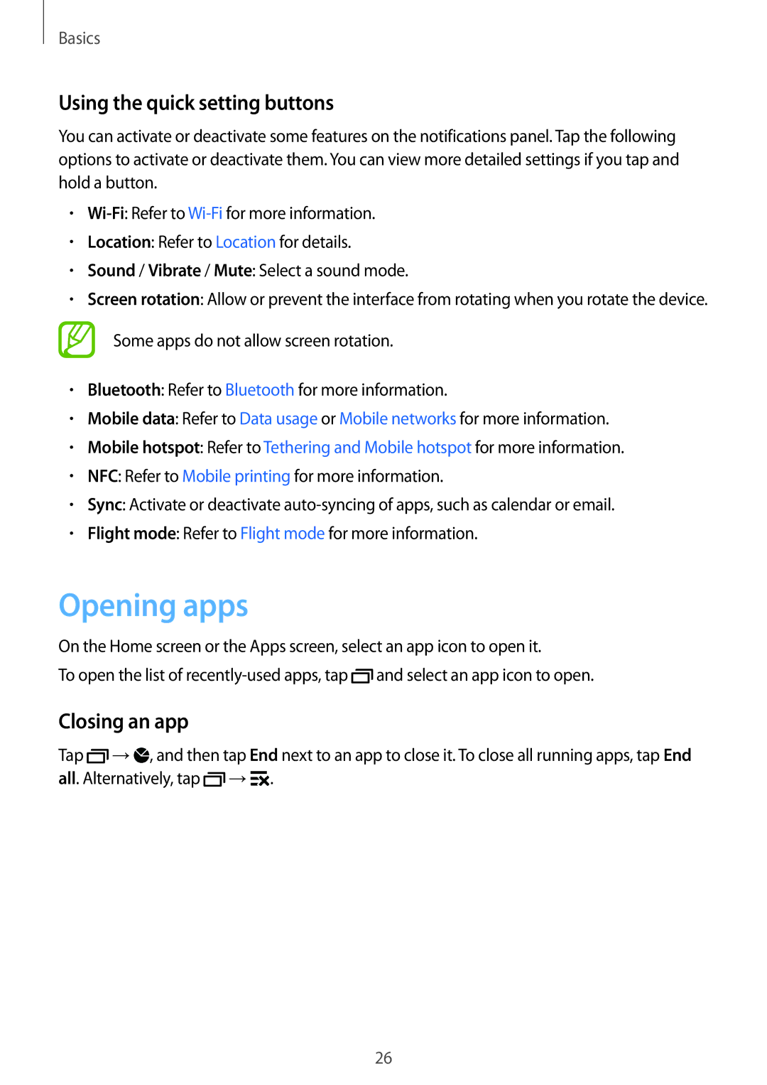 Samsung SM-G313HHANBGL, SM-G313HRWNDBT, SM-G313HRWNSEB manual Opening apps, Using the quick setting buttons, Closing an app 