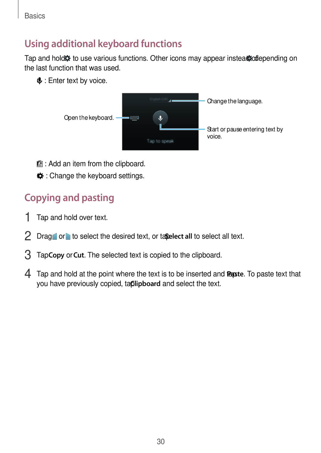 Samsung SM-G313HRWNTEN, SM-G313HRWNDBT, SM-G313HRWNSEB manual Using additional keyboard functions, Copying and pasting 