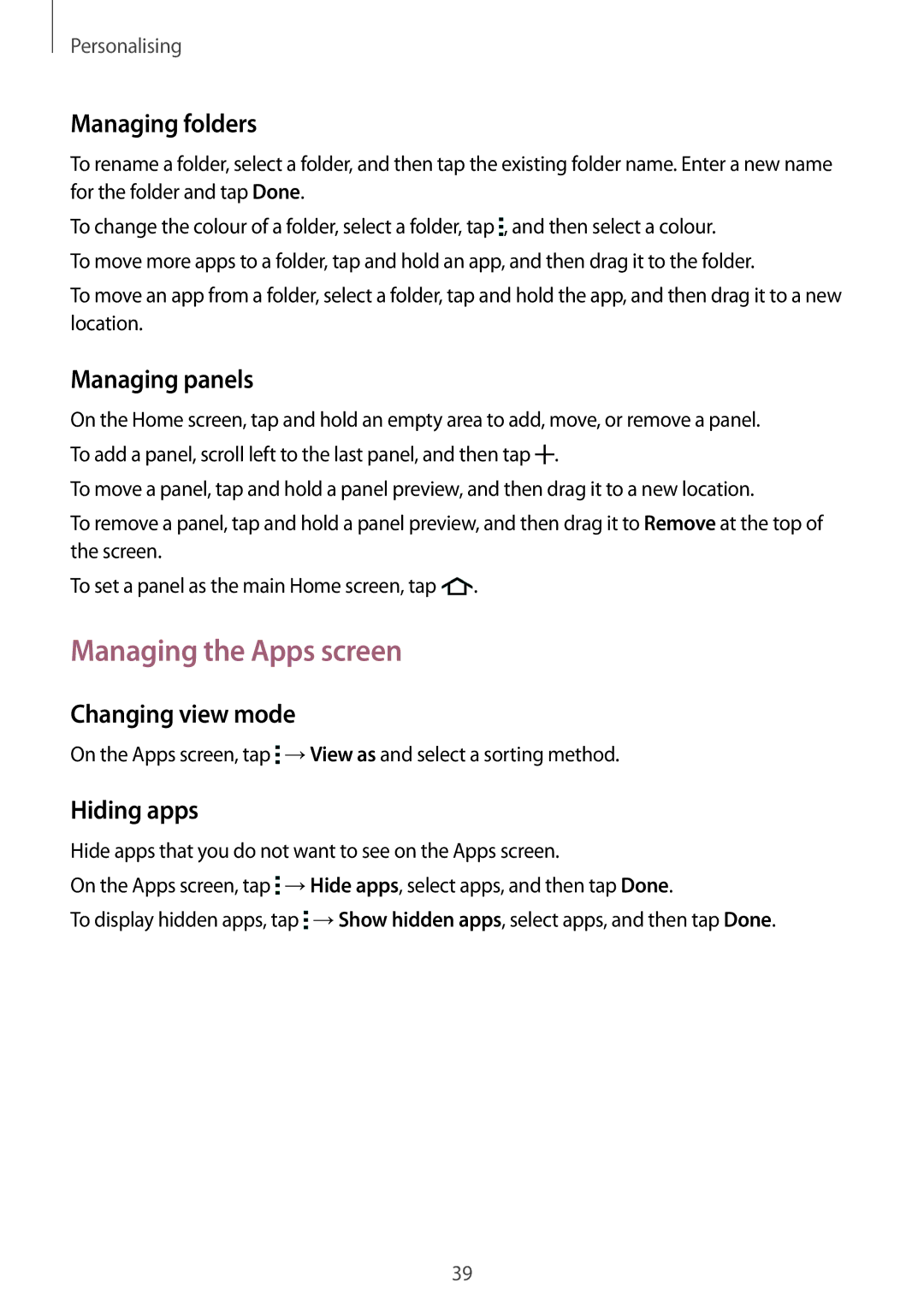 Samsung SM-G313HRWNITV manual Managing the Apps screen, Managing folders, Managing panels, Changing view mode, Hiding apps 