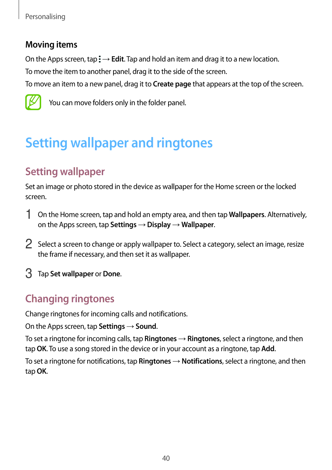 Samsung SM-G313HHANPHE manual Setting wallpaper and ringtones, Changing ringtones, Moving items, Tap Set wallpaper or Done 