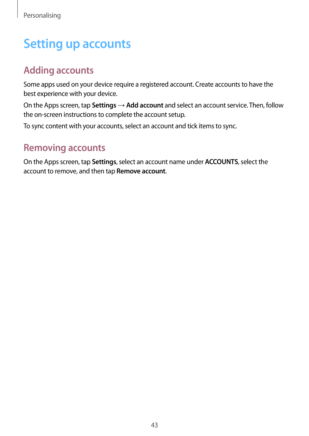 Samsung SM-G313HHANBGL, SM-G313HRWNDBT, SM-G313HRWNSEB manual Setting up accounts, Adding accounts, Removing accounts 