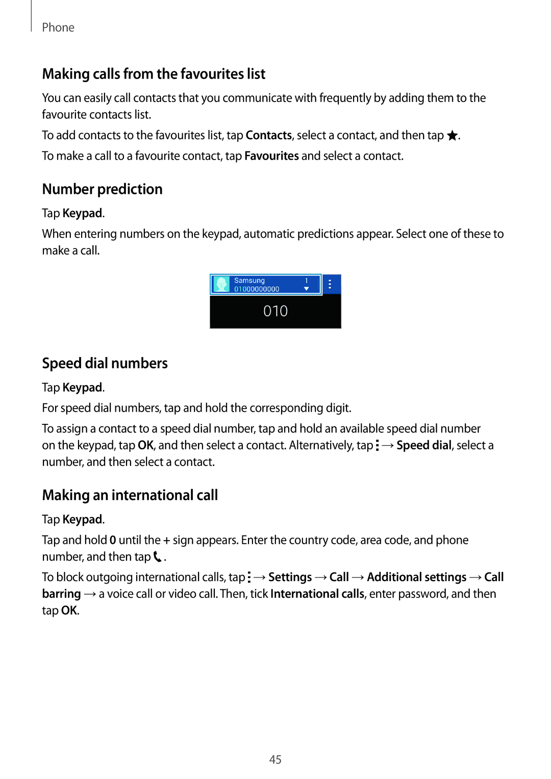 Samsung SM-G313HHANATO manual Making calls from the favourites list, Number prediction, Speed dial numbers, Tap Keypad 