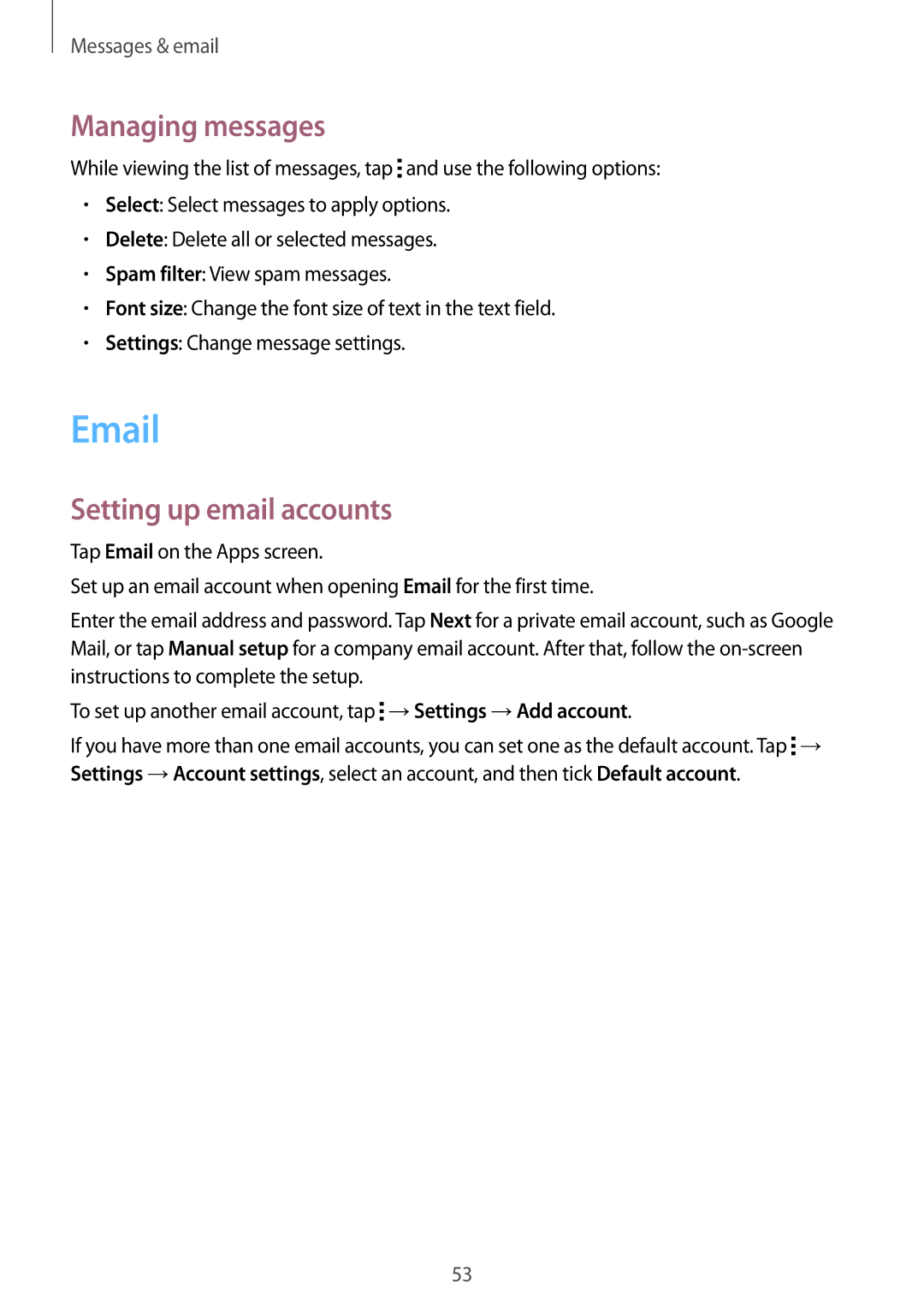 Samsung SM-G313HHANDBT, SM-G313HRWNDBT, SM-G313HRWNSEB, SM-G313HHANSEB manual Managing messages, Setting up email accounts 