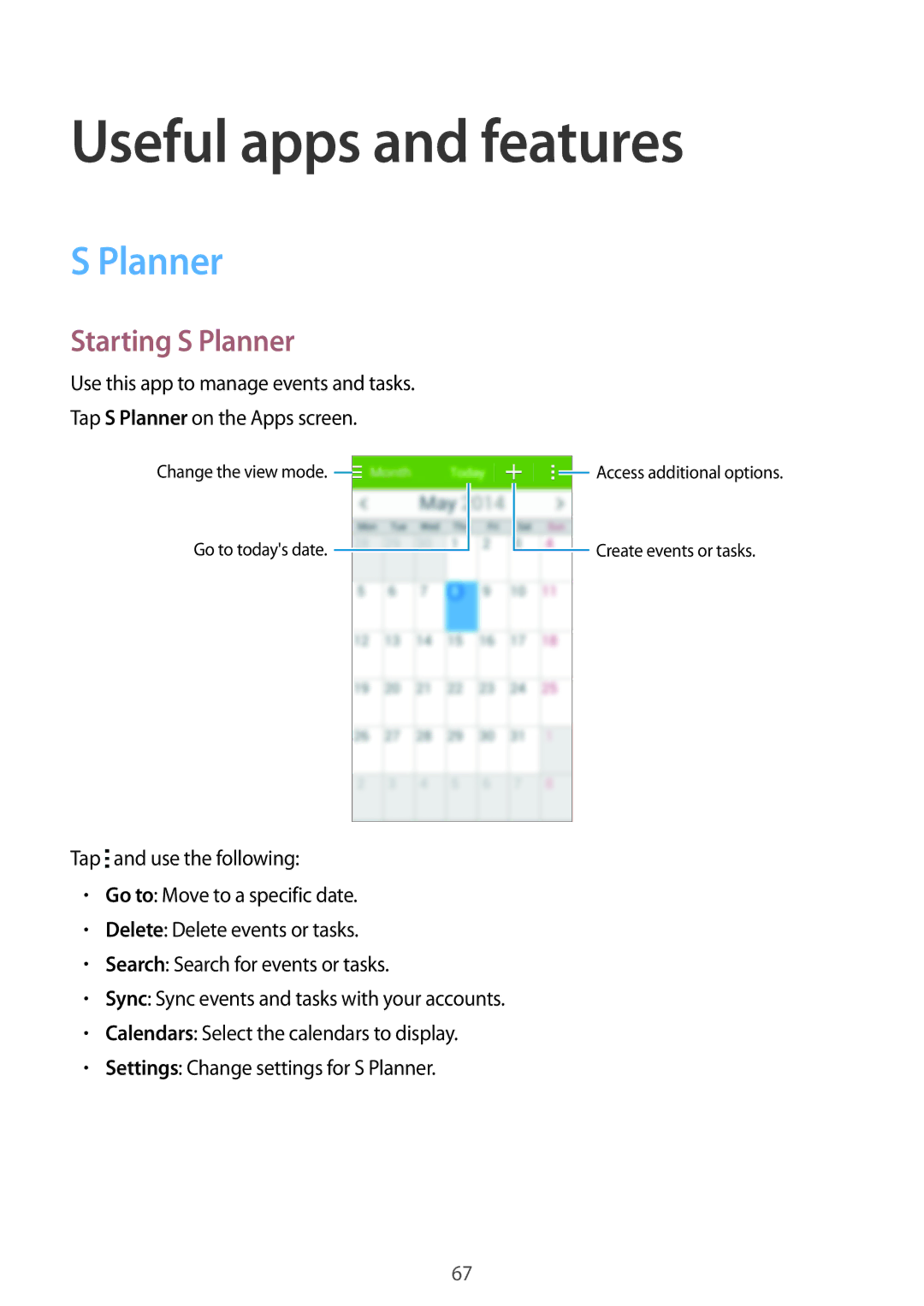 Samsung SM-G313HHANTEN, SM-G313HRWNDBT, SM-G313HRWNSEB, SM-G313HHANDBT manual Useful apps and features, Starting S Planner 