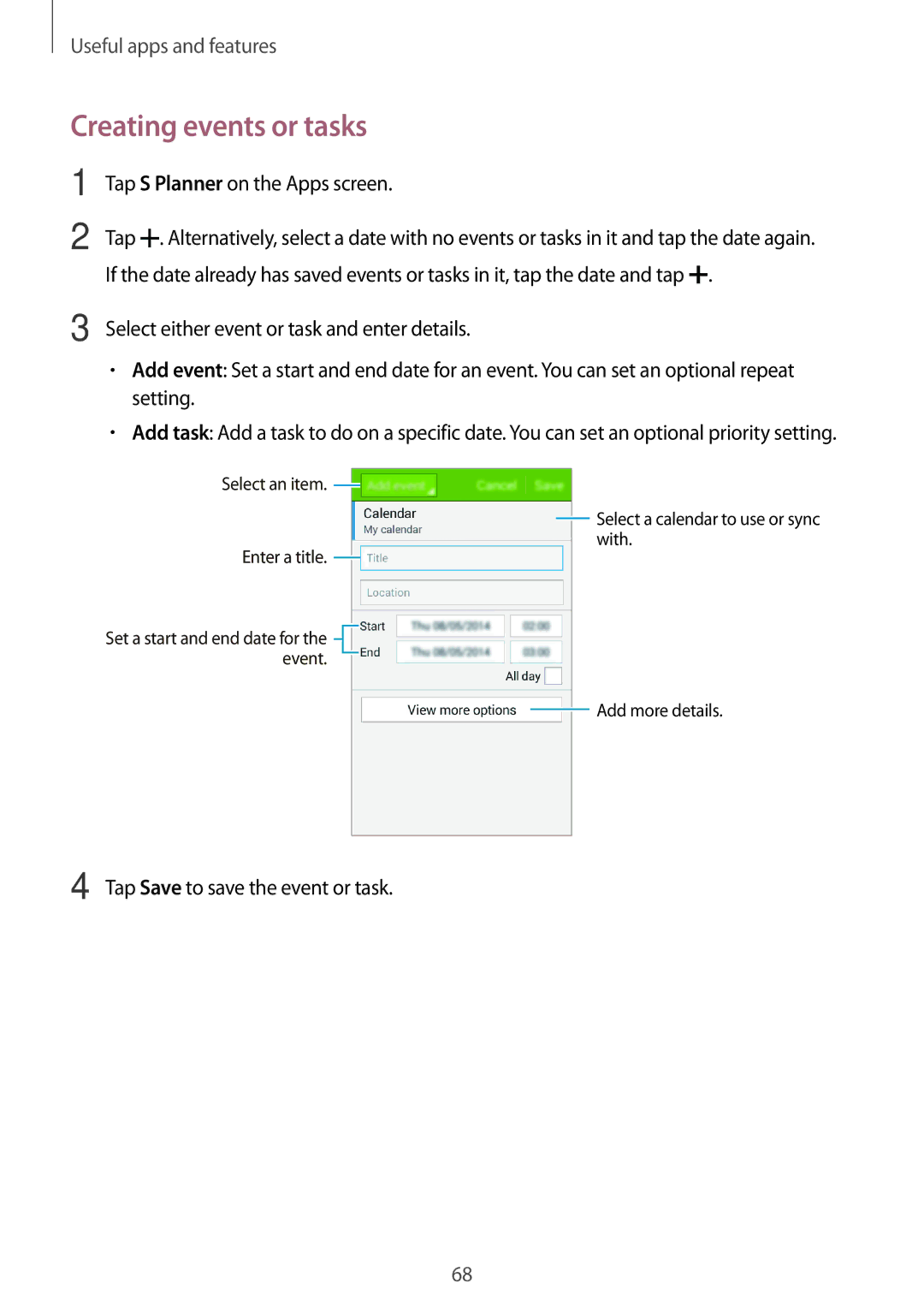 Samsung SM-G313HRWNDBT, SM-G313HRWNSEB, SM-G313HHANDBT manual Creating events or tasks, Tap Save to save the event or task 