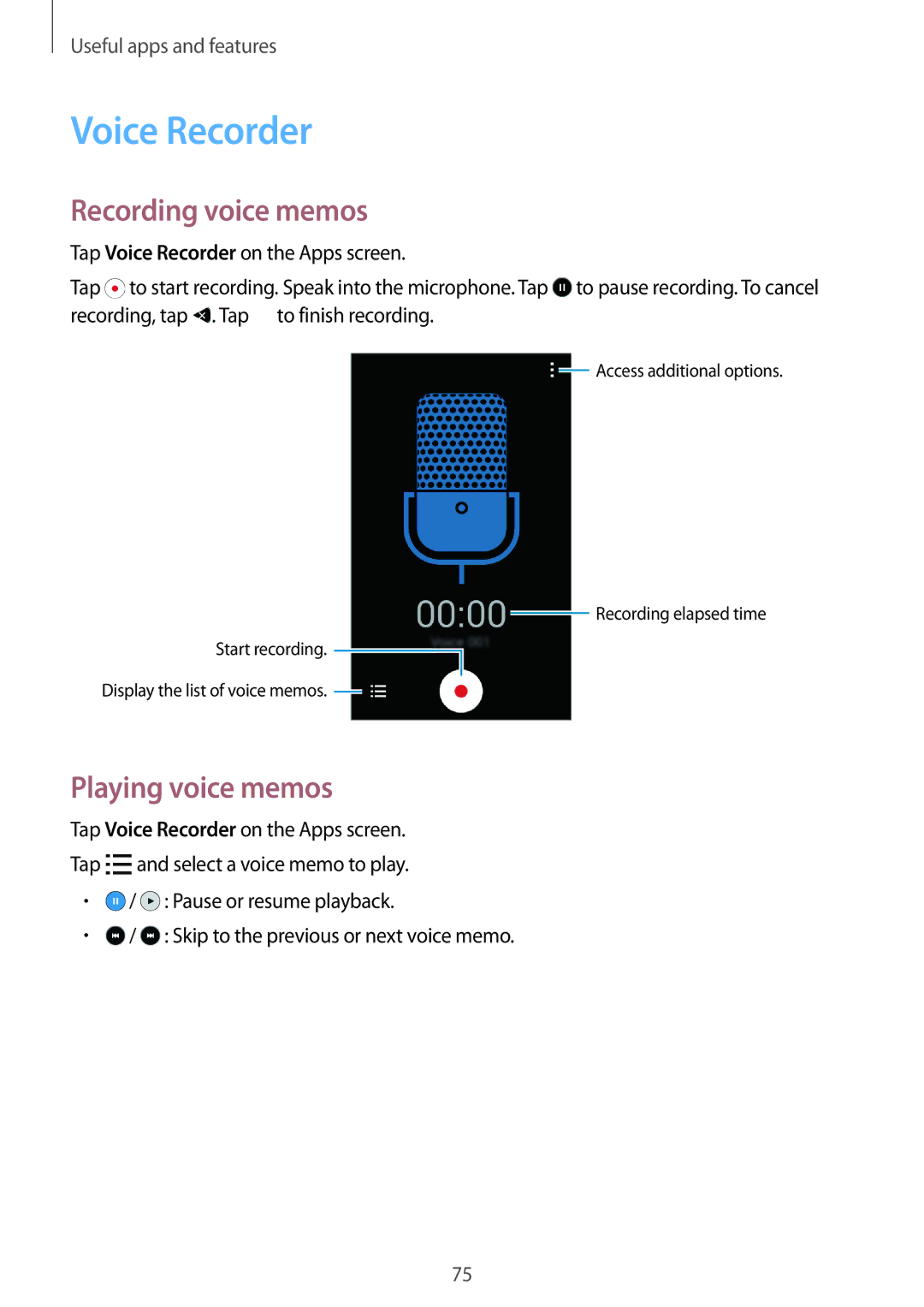 Samsung SM-G313HRWNPHE, SM-G313HRWNDBT, SM-G313HRWNSEB manual Voice Recorder, Recording voice memos, Playing voice memos 