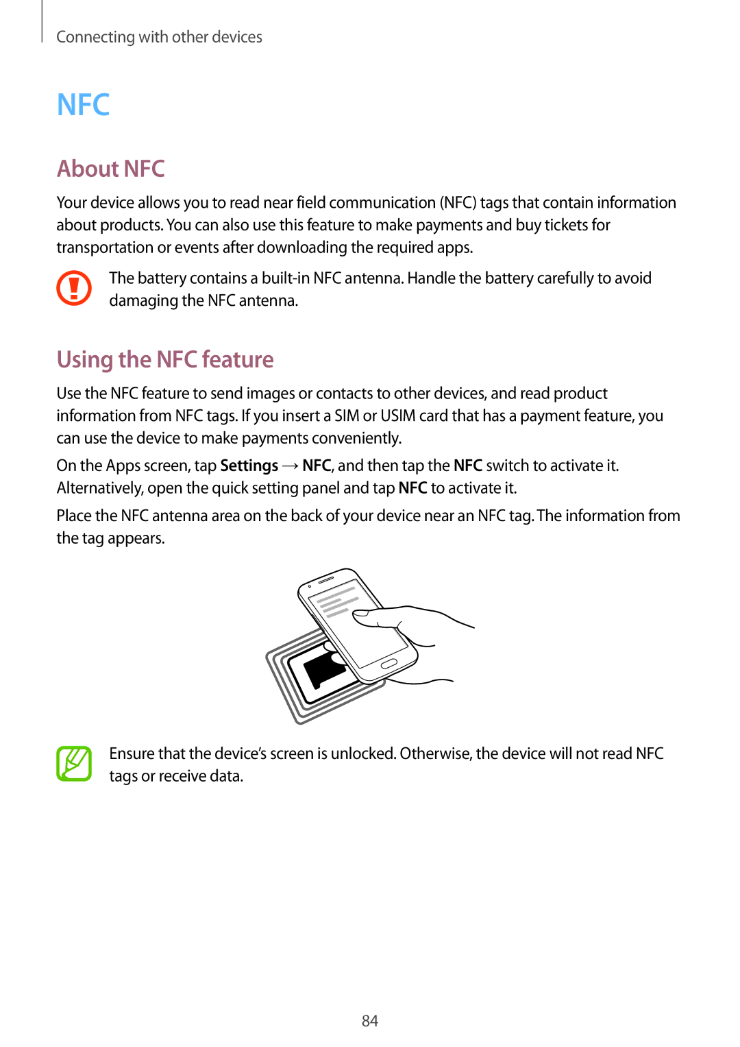 Samsung SM-G313HHANTEN, SM-G313HRWNDBT, SM-G313HRWNSEB, SM-G313HHANDBT, SM-G313HHANSEB manual About NFC, Using the NFC feature 