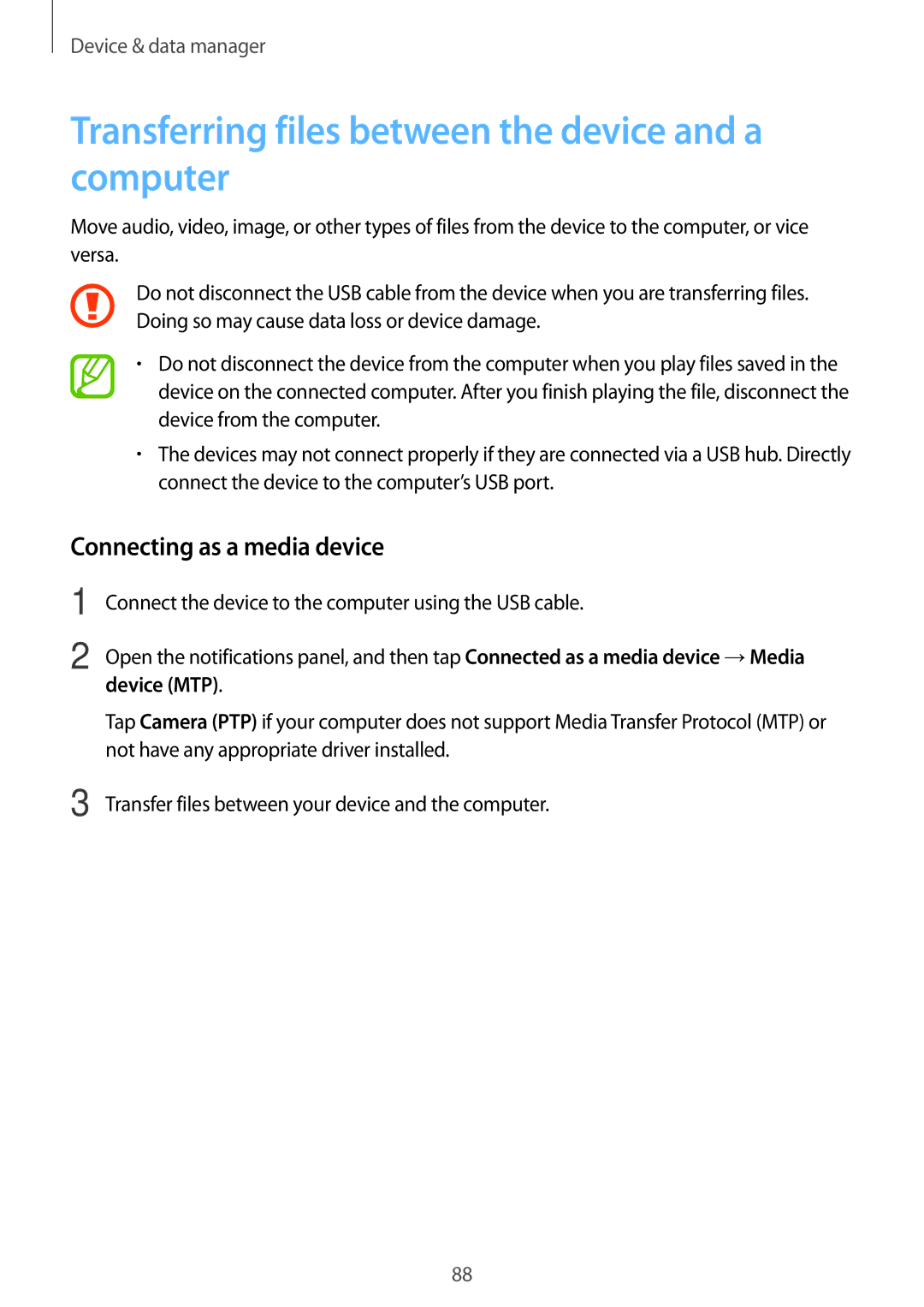 Samsung SM-G313HHANSEB Transferring files between the device and a computer, Connecting as a media device, Device MTP 